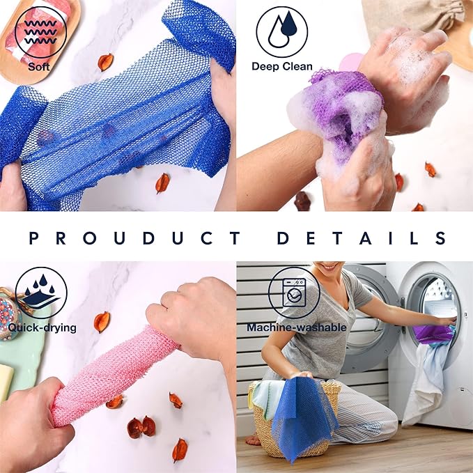 UJFQBH 3 Pieces African Bath Sponge African Net Long Net Bath Sponge Exfoliating Shower Body Scrubber Back Scrubber Skin Smoother,Great for Daily Use (Brown, Blue, Purple)