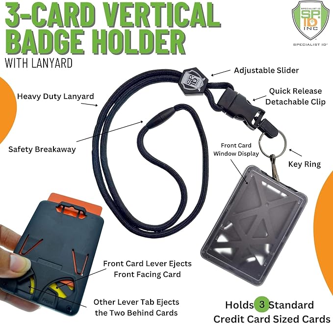 Specialist ID Vertical Top Load Three Card Badge Holder - Hard Plastic with Heavy Duty Breakaway Lanyard w Quick Release Metal Clip & Key Ring (One Holder / 3 Cards Inside) (Black)