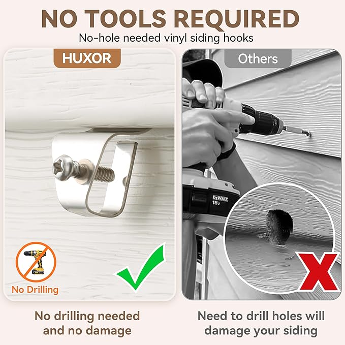 HUXOR Vinyl Siding Hooks, No Drilling Required, Stainless Steel Outdoor Hooks for Hanging Decorations, House Number Signs, or Lights, Easy to Install & Detach, Max Load 10 Lbs, 10 Pack