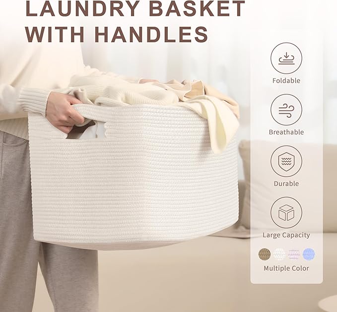 SunNewt 86L Large Baby Girls Laundry Basket for Nursery Storage,Cute Woven cotton Rope Baskets for Kids Toy，Gifts, Boho Square Wicker Blanket hamper for Living Room,Bedroom Dirty Clothes, White
