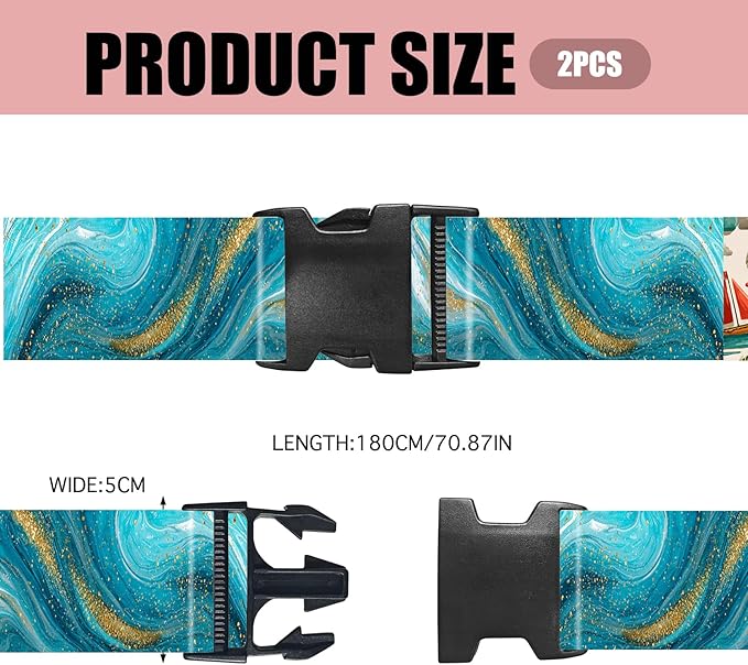 Nuxovilar Luggage Straps Teal Gold Marble Polyester 1.96x90.5inch 2 Set Suitcase Cargo Strap Travel Tool Adventure Trip Beach Resort City Tour