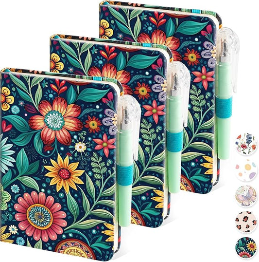 3 Pack Pocket Journal Notebook, Aesthetic Mini Small Notebook with Pen, Floral Print Cover, A6 (3.7" x 5.7"), 100GSM Lined Paper, Notepad for Girls/Kids/Women Note Taking Writing