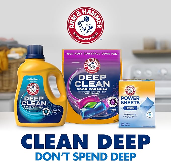 ARM & HAMMER Power Sheets Laundry Detergent, Fresh Breeze Scent, Dissolves in All Wash Temps, Lightweight and Travel-Ready, 60ct, Up to 120 Small Loads
