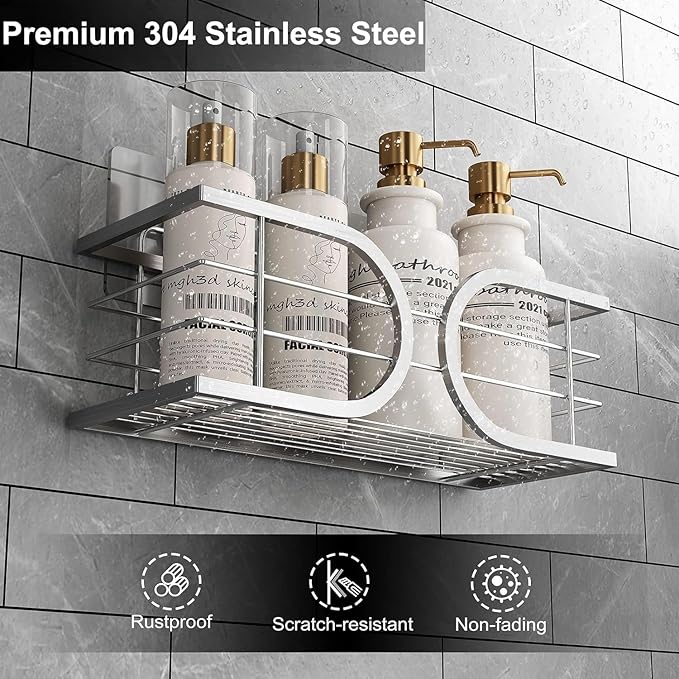 Shower Caddy No Drill Wall Mounted 304 Stainless Steel Durable Large Capacity Adhesive Shower Rack Organiser Quick Dry Rustproof Bathroom Storage Shelves - 2 Pack (Silver)