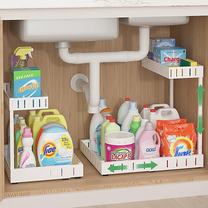 REALINN Under Sink Organizer, 2 Tier Expandable Under Cabinet Organizer, Height Adjustable Pull Out Storage for Kitchen Bathroom Laundry, White, 2 Pack
