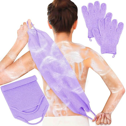 Anezus Exfoliating Back Scrubber Bath Gloves Set, Exfoliating Shower Towel with Shower Gloves for Body Scrub, Back Cleaner Wash Gloves to Remove Dead Skin (Purple)