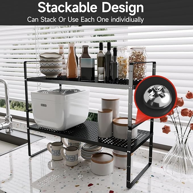 2-Pack Expandable Cabinet Countertop Shelves 16.5-27''L, Adjustable Metal Spice Rack Organizer, Stackable Kitchen Counter Storage Shelves Organizers for Cabinet Organization, Black