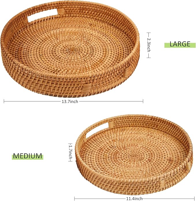 Round Rattan Serving Tray with Handles, Hand-Woven Basket, Home Decor Organizer Tray for Breakfast, Tea, Snack, Fruit, Coffee, Storage (Large) (14.17inchX2.3inch)