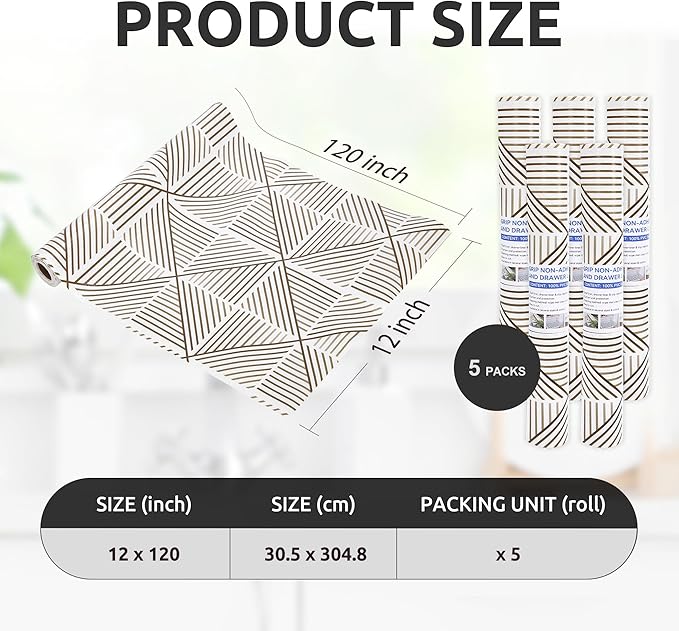 RAY STAR 12X120 Inch Shelf Liner for Kitchen Cabinets, Non-Adhesive Washable Cabinet Liner, Non-Slip PVC Drawer Liner for Dressers, Bathrooms (Classic) (5 Rolls)