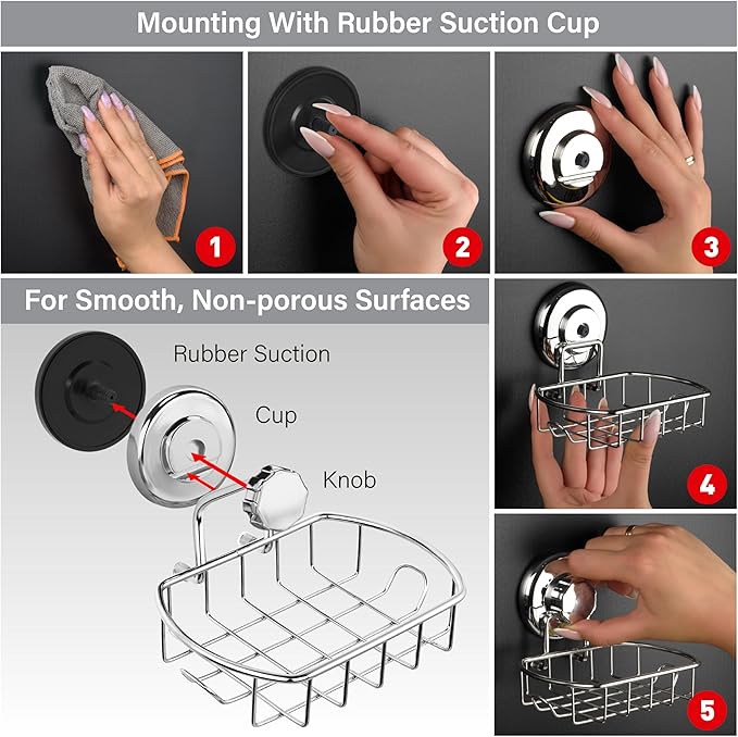 HASKO Suction Soap Dish with Hooks | Powerful Vacuum Suction Cup Soap Holder | Soap Basket Holder for Bathroom & Kitchen (Polished Stainless Steel SS304)