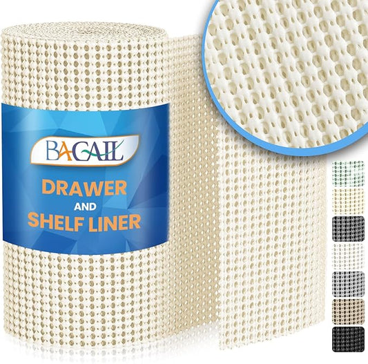 BAGAIL Drawer and Shelf Liner, 24 in X 30 Ft Non-Adhesive Shelf Liners for Kitchen Cabinets, Thick Strong Grip Liners for Desk, Shelves, Bathroom Drawers, Cabinet Protection - Cream