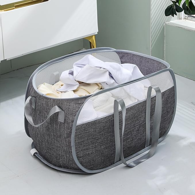 Pop-Up Laundry Basket, Collapsible Mesh Laundry Hamper – With Extended Shoulder Straps, Sturdy Handles, and Premium Cationic Fabric (gray)…