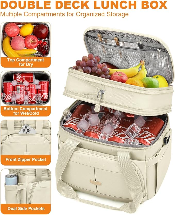 Pritent Lunch Box For Men Women Double Deck Insulated Lunch Bag For Men Woman Leakproof Expandable Cooler Bag with Adjustable Shoulder Strap for Kids Shool Work Picnic Camping(Beige,Large)