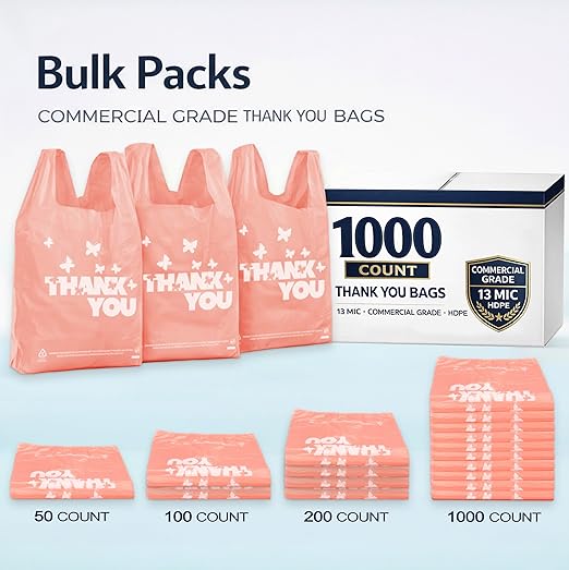 PINK Thank You Bags, 200PCS T-Shirt Bags, To Go Bags, Grocery Bags, Reusable and Disposable, Perfect for Small Business, Take Out, Retail, 11 inch x 6 inch x 21 inch (200), Large