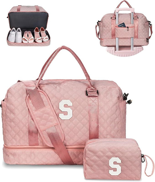 Initial Duffle Bag - Personalized Weekender Monogram Letter Travel Overnight Bag with Makeup & Shoe Compartments, Granddaughter & Friend Gifts'