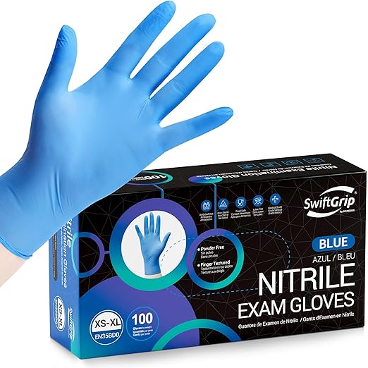 SwiftGrip Disposable Nitrile Exam Gloves, Blue, Nitrile Gloves Disposable Latex Free, Medical Gloves, Cleaning Gloves, Food-Safe Rubber Gloves, Powder Free, Non-Sterile, 100-ct Box (Medium)