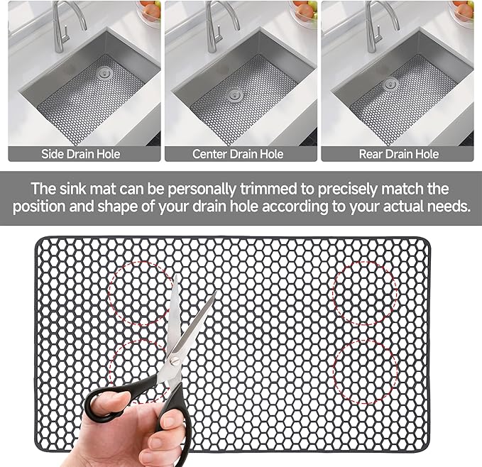 Sink Protectors for Kitchen Sink - 28.62" x 15.98" Silicone Mat - Can DIY Drain Holes - Non-slip Heat Resistant Liner for Bottom of Farmhouse Porcelain Stainless Steel（Grey）