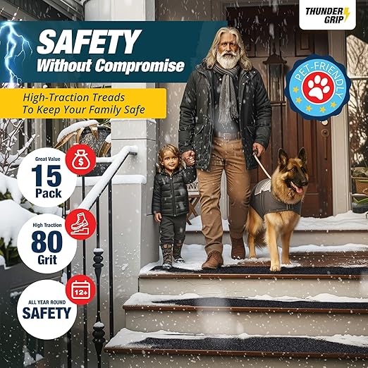 Outdoor Stair Treads Non Slip 30" x 8" - 15-Pack Weather Resistant Exterior Grip Tape for Wooden Steps - Non Slip Stair Treads - Anti Skid Strips - Waterproof 80-Grit Adhesive Treads