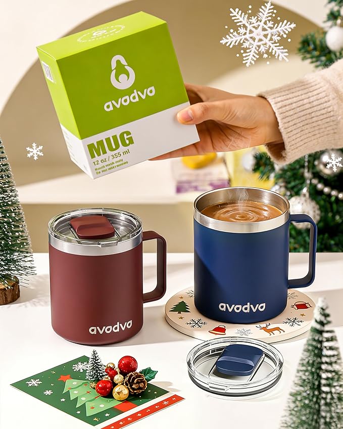 12oz Insulated Coffee Mug with Lid – Includes Two Lids, Stainless Steel Coffee Travel Mug with Handle, Double Wall Vacuum Insulated Camping Mug for Home, Office & Outdoor, Dark Purple