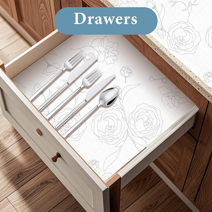 Shelf Liners for Kitchen Cabinets, 12in x 30FT, Non-Adhesive Drawer Liner, Silver Floral, Thickened Shelf Liner Paper, Strong Non-Slip, Easy to Clean, for Tool Box and Refrigerator, with Knife and Tape Measure