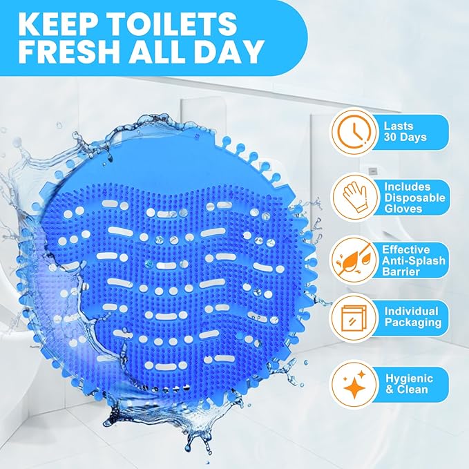 48 Pack Urinal Deodorizer Screen with 100 Gloves, 3D Wave Anti-Splash Odor Protection Urinal Cakes for Men Toilets Dry Wet Urinal Deodorant Bathroom Office Mall Hotel Four Scents Urinal Mats