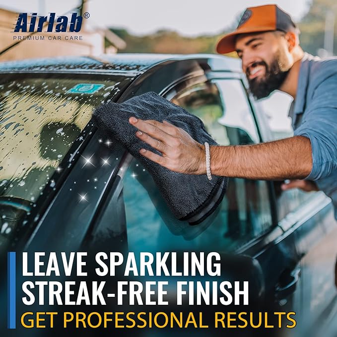 Airlab Microfiber Towels for Car Washing and Drying, Super Absorbent, Cleaning Cloth for Auto Detailing, Ultra Soft, Lint-Free, Streak-Free, 24 x 16 Inch, Pack of 2, Grey-Black, 600 GSM