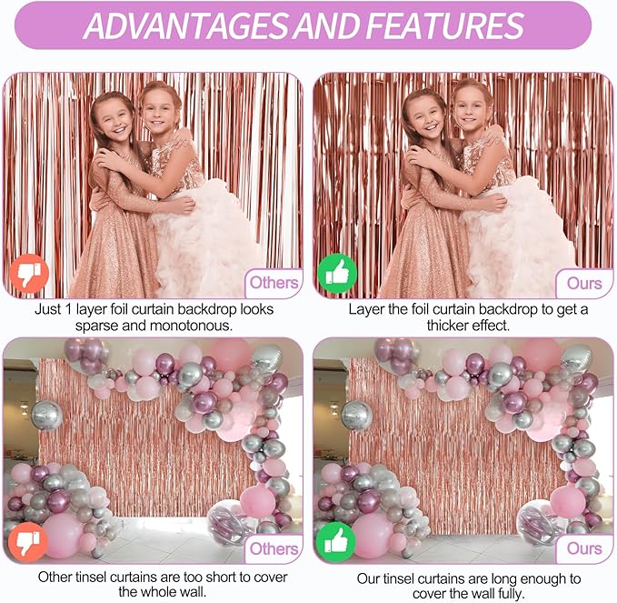 3 Pack Rose Gold Foil Fringe Curtains Streamers Party Decorations 3.3 x 8.2 ft, Tinsel Curtain Fringe Backdrop for Parties, Door Fringe Birthday Streamers, Photo Booth Backdrops, Party Decor