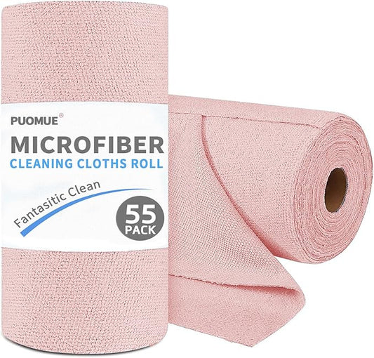 Puomue 55 Pack Microfiber Cleaning Cloth Roll, Tear Away Reusable Paper Towels, 11" X 9", Ultra Absorbent & Lint Free Microfiber Cloth for Cleaning Cars, Kitchen, Window, Home and Shop, Pink