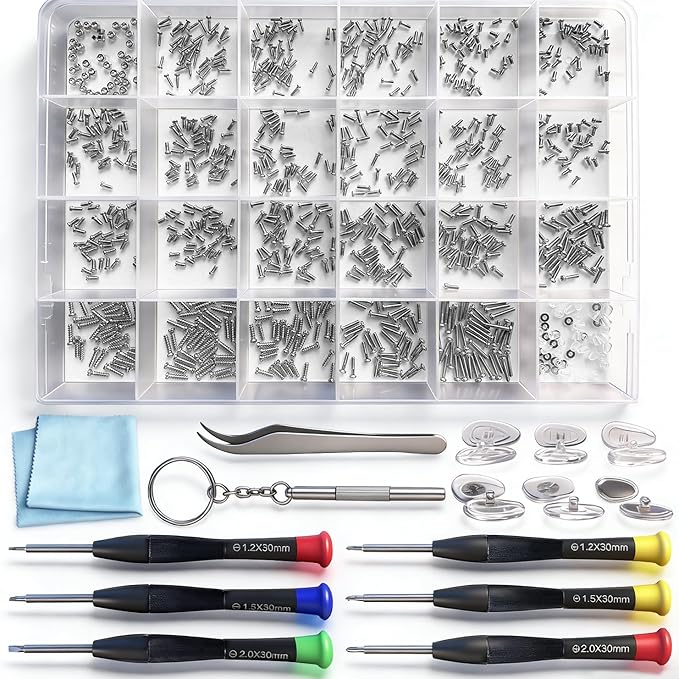 Eyeglass Repair Kit - 24 Types of Eyeglass Screw Size Glasses Repair Kit with Screws, Eyeglass Nose Pads, Eyeglass Screwdriver and Tweezer (24 Types Screws)