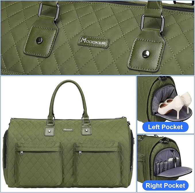 Womens Convertible Garment Bags for Travel, Modoker Waterproof Carry On Garment Bag Garment Duffel Bag - 2 in 1 Hanging Suitcase Suit Travel Luggage Bag, Green
