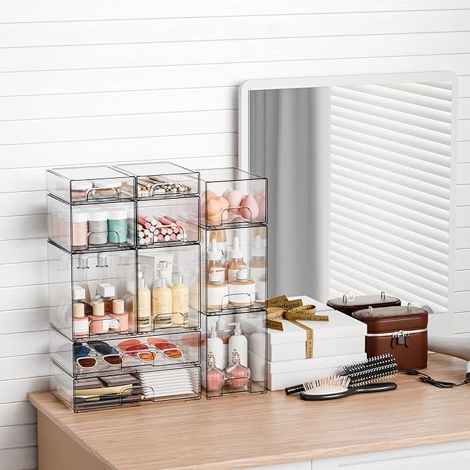 Yieach 2.2'' Tall Small Clear Stackable Storage Drawers,2 Pack Stacking Acrylic Organizers Drawers for Hair Accessories,Makeup,Pen,Art Crafts,Office Supply Organizer and Desktop Plastic Mini Drawers