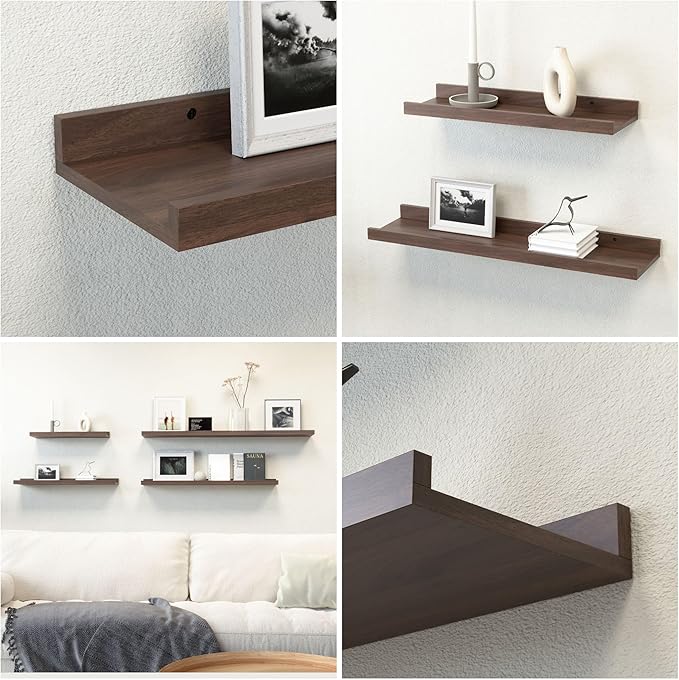 Floating Shelves Set of 2, Farmhouse Wall Shelves with Lip, Display Picture Ledge Shelf for Bedroom, Living Room, Bathroom, Kitchen - Walnut