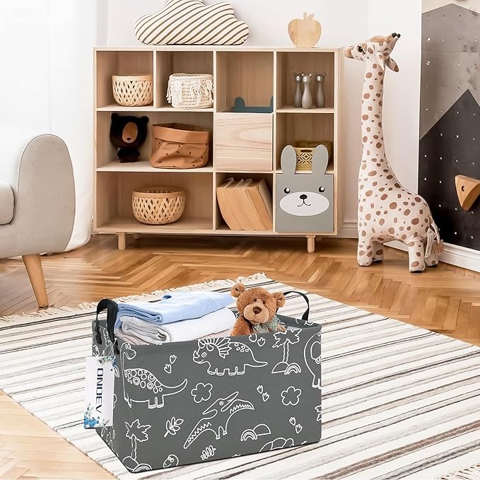Rectangular Dinosaur Basket Waterproof Storage Bin Gift Box Children's Toy Organizer Box Room Decoration Basket (Gray Line Dinosaur)