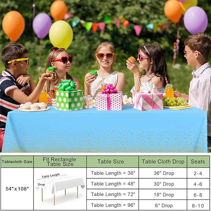 misaya 4 Packs Dot Disposable Table Cloth, 54 x 108 Inch Waterproof Plastic Tablecloth, Rectangle Gold Dots in Light Blue Table Covers for Picnic, Birthday, Party