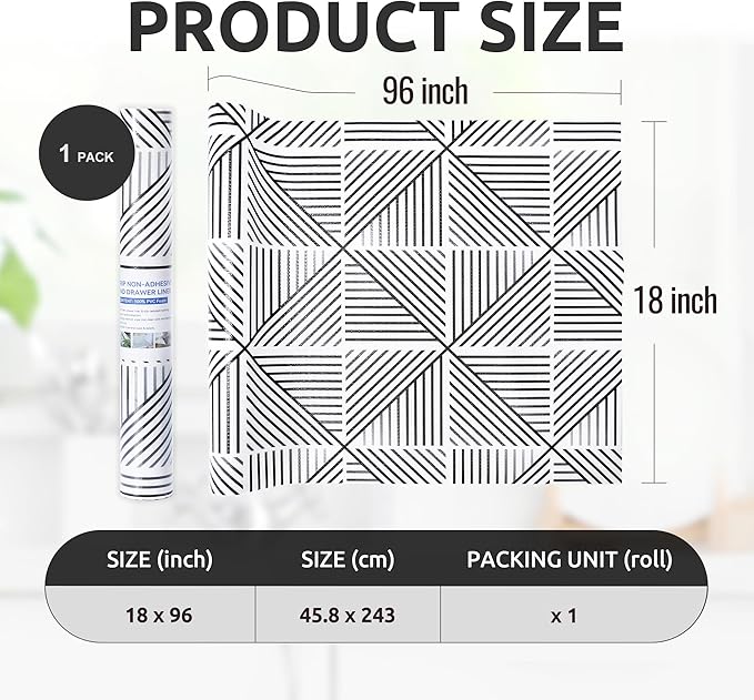 RAY STAR 18X96 Inch Shelf Liner for Kitchen Cabinets, Non-Adhesive Washable Cabinet Liner, PVC Non-Slip Drawer Liner for Dressers, Bathrooms (Classic Black) (1 Roll)