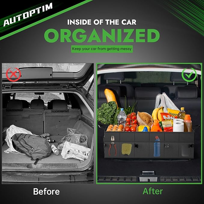 AUTOPTIM Car Trunk Organizer - 85L Collapsible Car Organizer with Non Slip Bottom for Groceries, Trunk Storage with Base Panel for SUV Sedan Van, 3 Compartments (Black, X-Large)