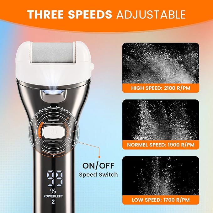 Electric Foot Callus Remover, Rechargeable Portable Electronic Foot File Pedicure Kit, Pedicure Tools for feet, 3 Roller Heads, 3 Speed, Battery Display for Remove Cracked Heels Calluses（BCM-1852）