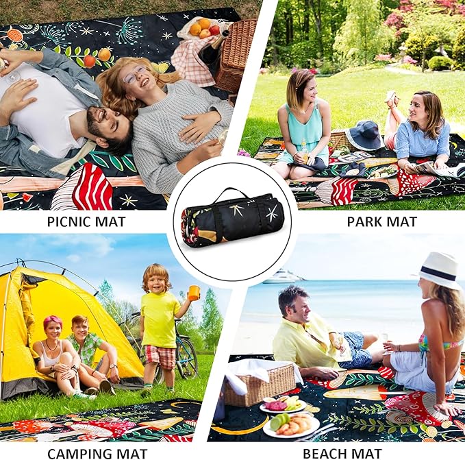 Mushroom Picnic Blankets Waterproof Foldable Picnic Outdoor Blanket 80"x 80" Picnic Mat 3-Layer Thicking Outdoor Foldable Blankets Sandproof Lightweight Beach Blankets with Strap Machine Washable