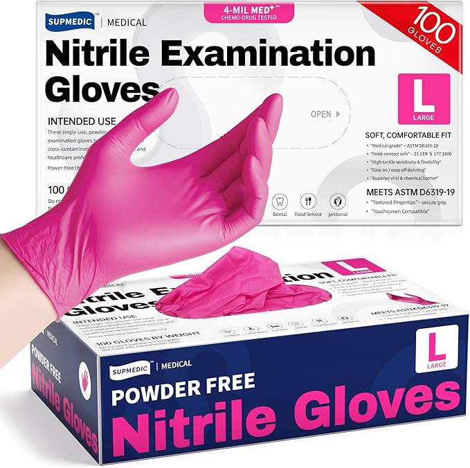 Supmedic Nitrile Exam Gloves, 4 Mil 100 Pcs Powder-Free Latex-Free Cooking Food-Safe Disposable Medical Gloves, Rose Orchid