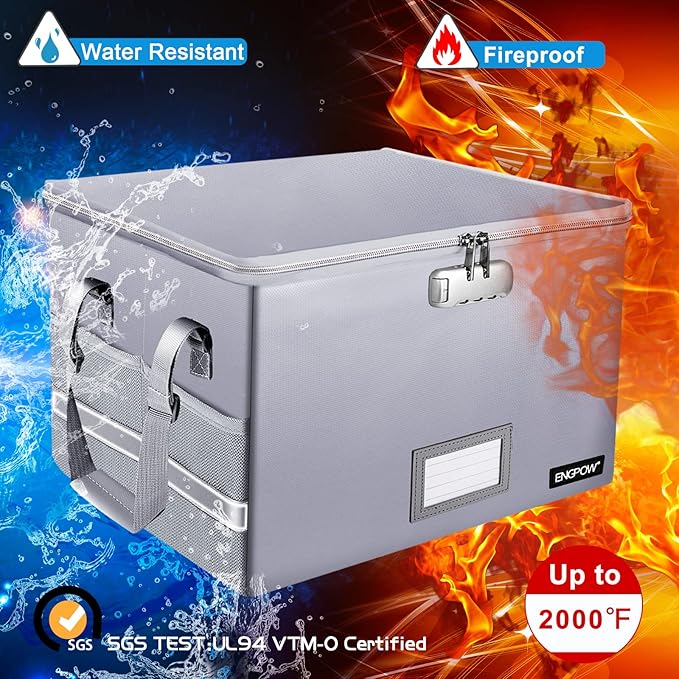 ENGPOW File Box with Lock, Fireproof Document Box with Zipper & Pockets, Collapsible File Organizer Filing Storage Cabinet with Handle, Portable Home Office Safe for Hanging Letter/Legal Folder, Silver
