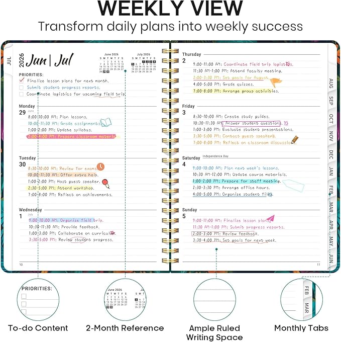 Academic Planner 2026-2027, Weekly and Monthly Calendar Book, July 2026 – June 2027, Hardcover Planner with Tabs, Perfect for Teachers, Students, Women & Men, A5 (6.4" x 8.5") - Giraffes