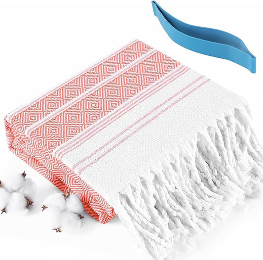 Genovega Oversized Cotton Turkish Beach Bath Towel Set 74"x38" Extra Large Sand Free Quick Dry Swim Camping Pool Clearance Towels Travel Blanket Adult Essentials Stripe Reds
