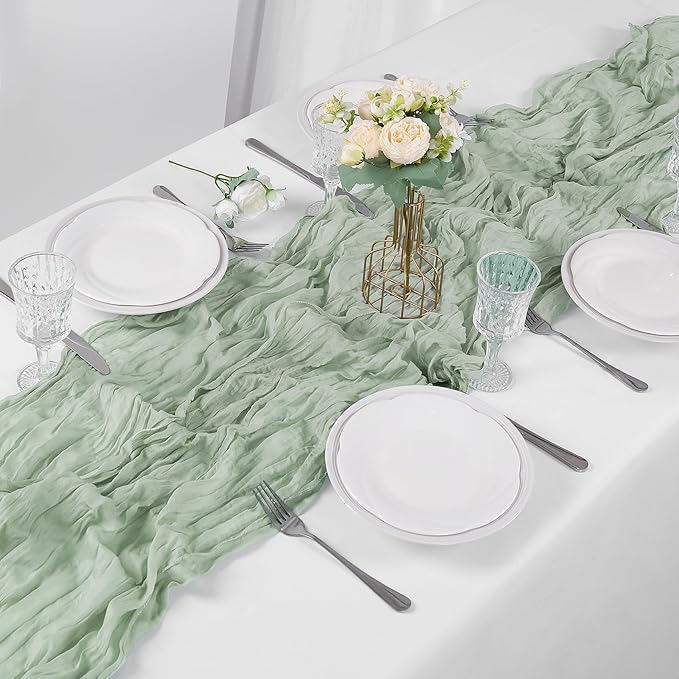 Bailarina 25 Pack Cheesecloth Table Runner 17x108 Inch Long Gauze Cheese Cloth 9ft Wrinkled Sheer Table Runner for Wedding Reception Birthday Party Table Decoration (Sage Green)