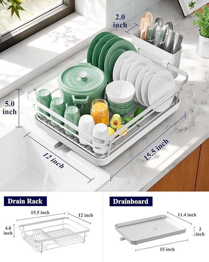 Kitsure Dish Drying Rack for Kitchen Counter, Stainless Steel Sink Organization and Storage Essentials with Cutlery Holder, Home and Apartment Decor, 12''W x 15.5''L, Silver Gray