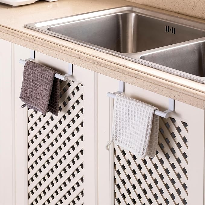Qflushor Over Cabinet Towel Bar, Stainless Steel Dish Towel Holder for Cupboard Door, White, 2 Pack
