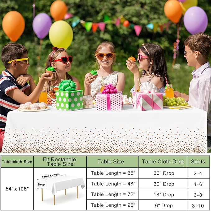 misaya 10 Packs Dot Disposable Table Cloth, 54 x 108 Inch Waterproof Plastic Tablecloth, Rectangle Rose Gold Dots in White Table Covers for Picnic, Birthday, Party