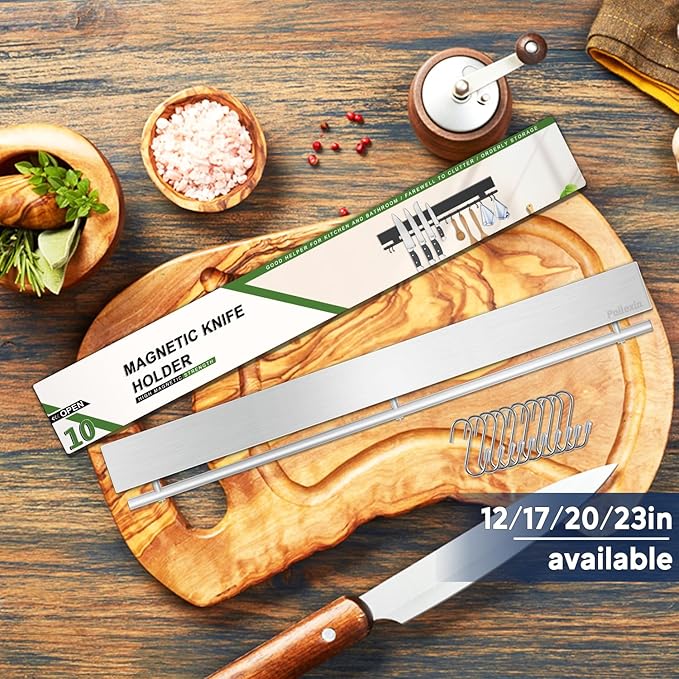 20 inch magnetic knife holder with 10 hooks, no drilling knife magnetic strip, and utensil hanger for wall. Powerful knife magnet rack includes tape and screws