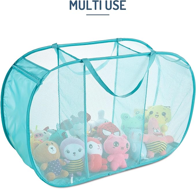 Mesh Popup Laundry Hamper 3 Compartment Sortable Horizontal Collapsible Laundry Basket for Clothes Laundry Room Bedroom Toys Travel (Turquoise Blue)