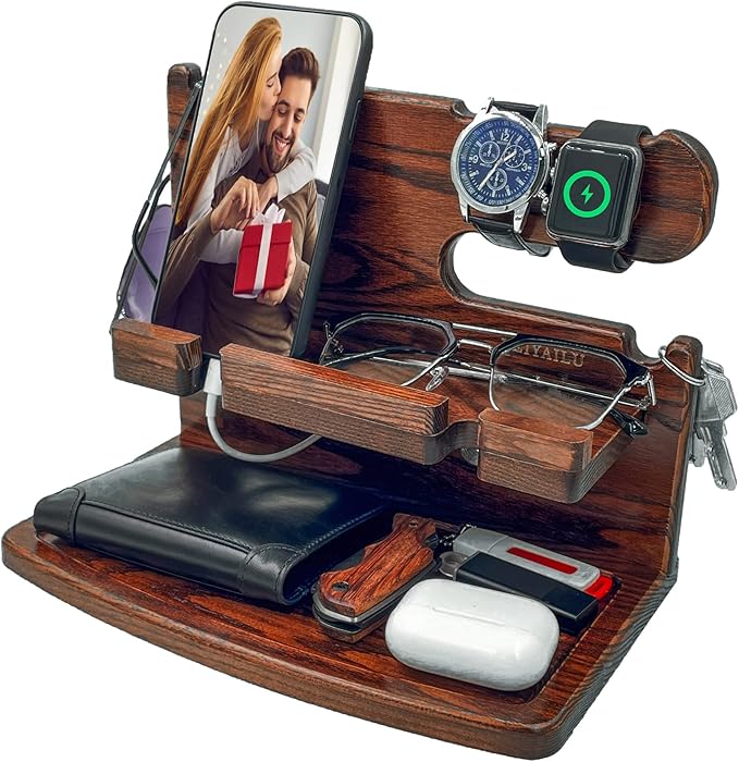 Gifts for Men from Wife Nightstand Organizer for Men Wood Phone Docking Station, Gift Ideas for Father's Day, Christmas, and Valentine's Day (Brown)