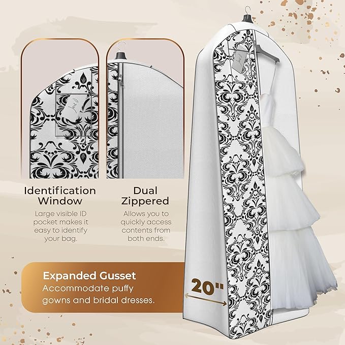 Your Bags Wedding Dress Garment Bag - Garment Bags for Travel & Hanging Clothes or Storage - 72" Wedding Dress Bag for Gowns Long with 20" Gusset for Puffy Bridal Gowns Cover - White/Black Damask